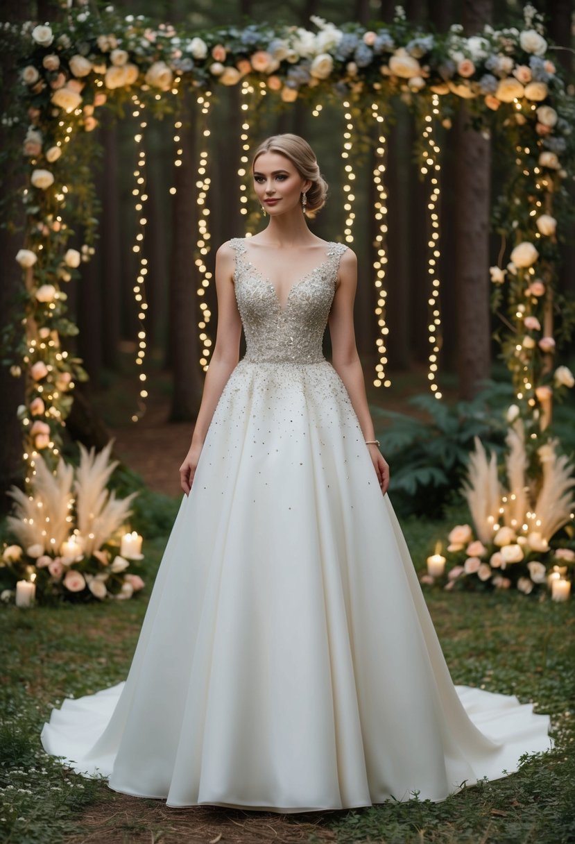 An elegant A-line wedding dress with a sparkling embellished bodice, surrounded by a whimsical forest setting with twinkling lights and cascading flowers