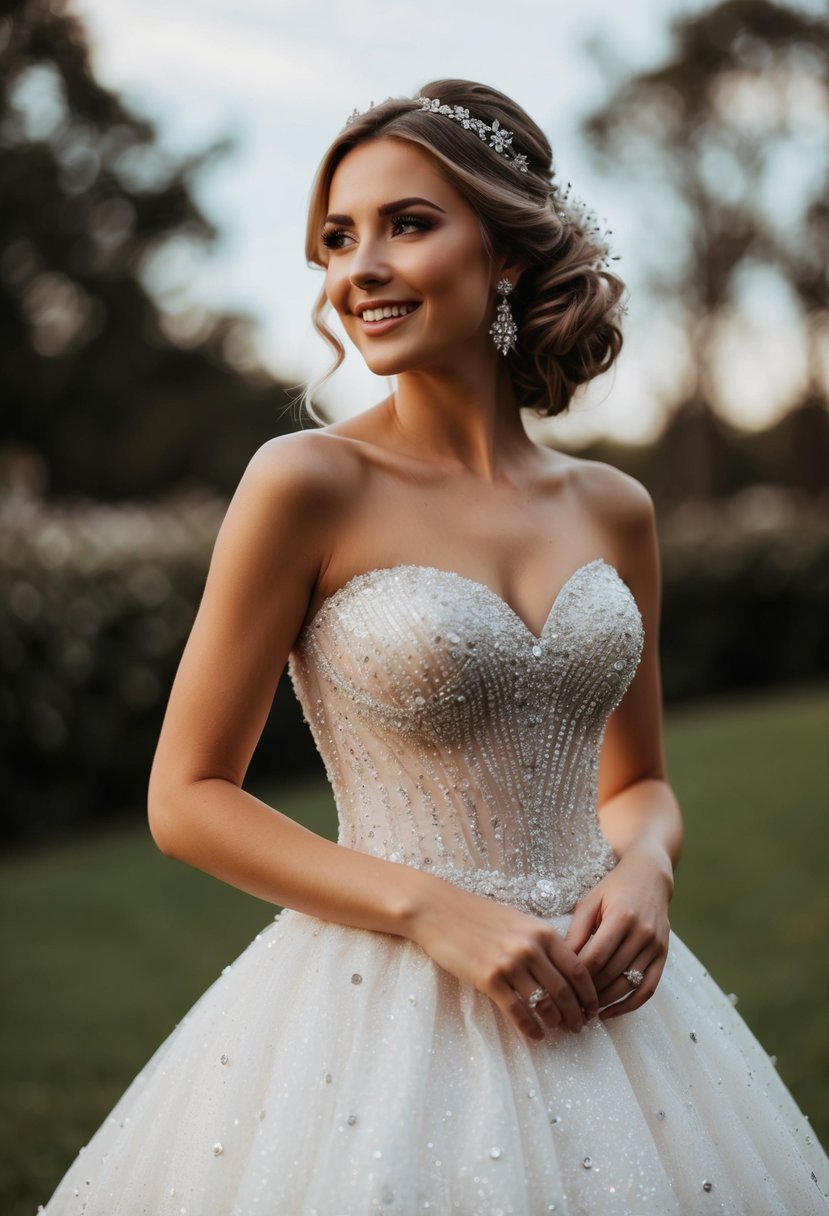 A sparkling fairytale wedding dress with a romantic sweetheart neckline, adorned with delicate sequins and shimmering details