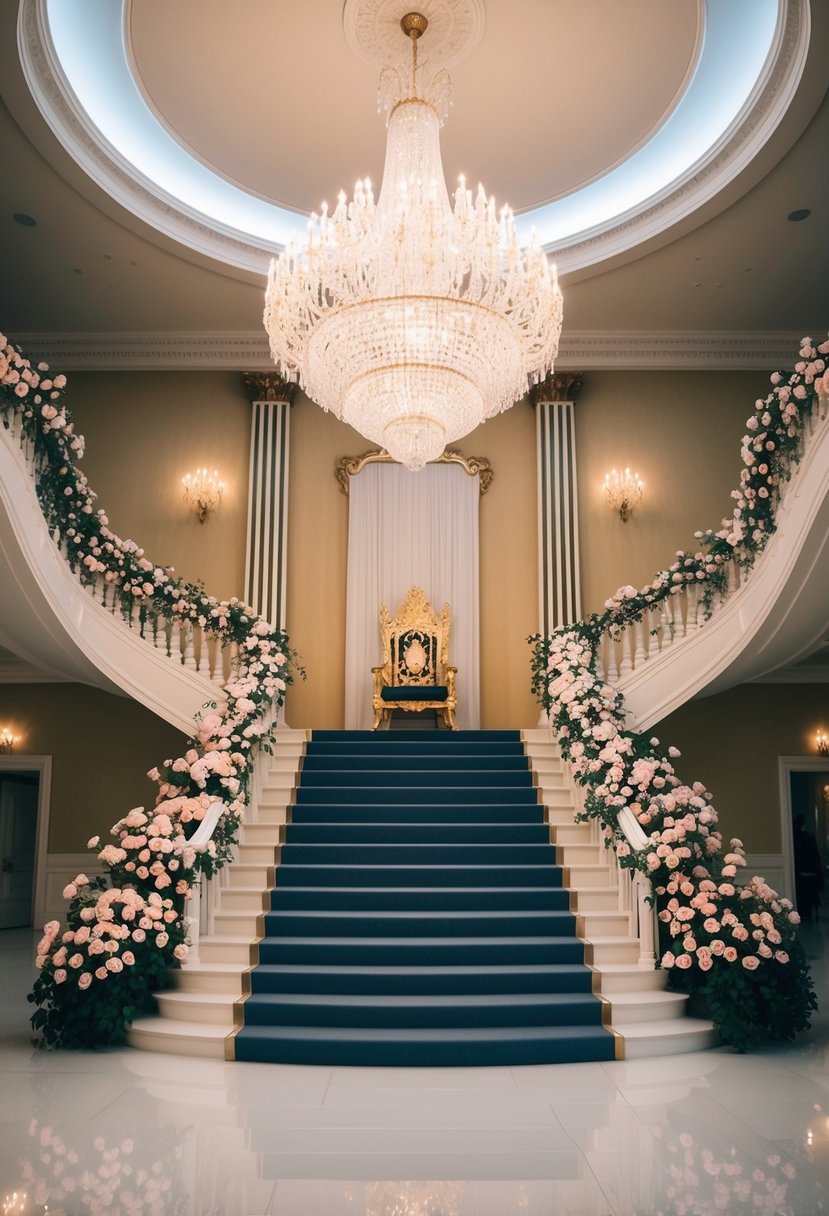 A grand ballroom with a sparkling chandelier, a cascading staircase, and a regal throne surrounded by blooming rose gardens