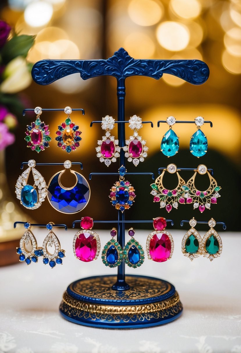 A vibrant display of various wedding earrings, featuring colorful gemstones and intricate designs, arranged on a decorative stand