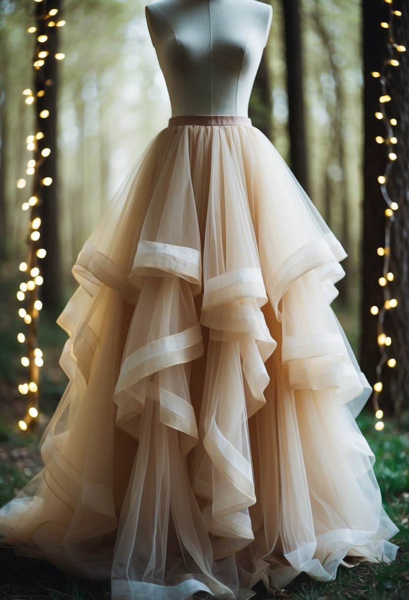 A flowing tulle skirt with cascading ruffles, set against a backdrop of ethereal forest and twinkling fairy lights