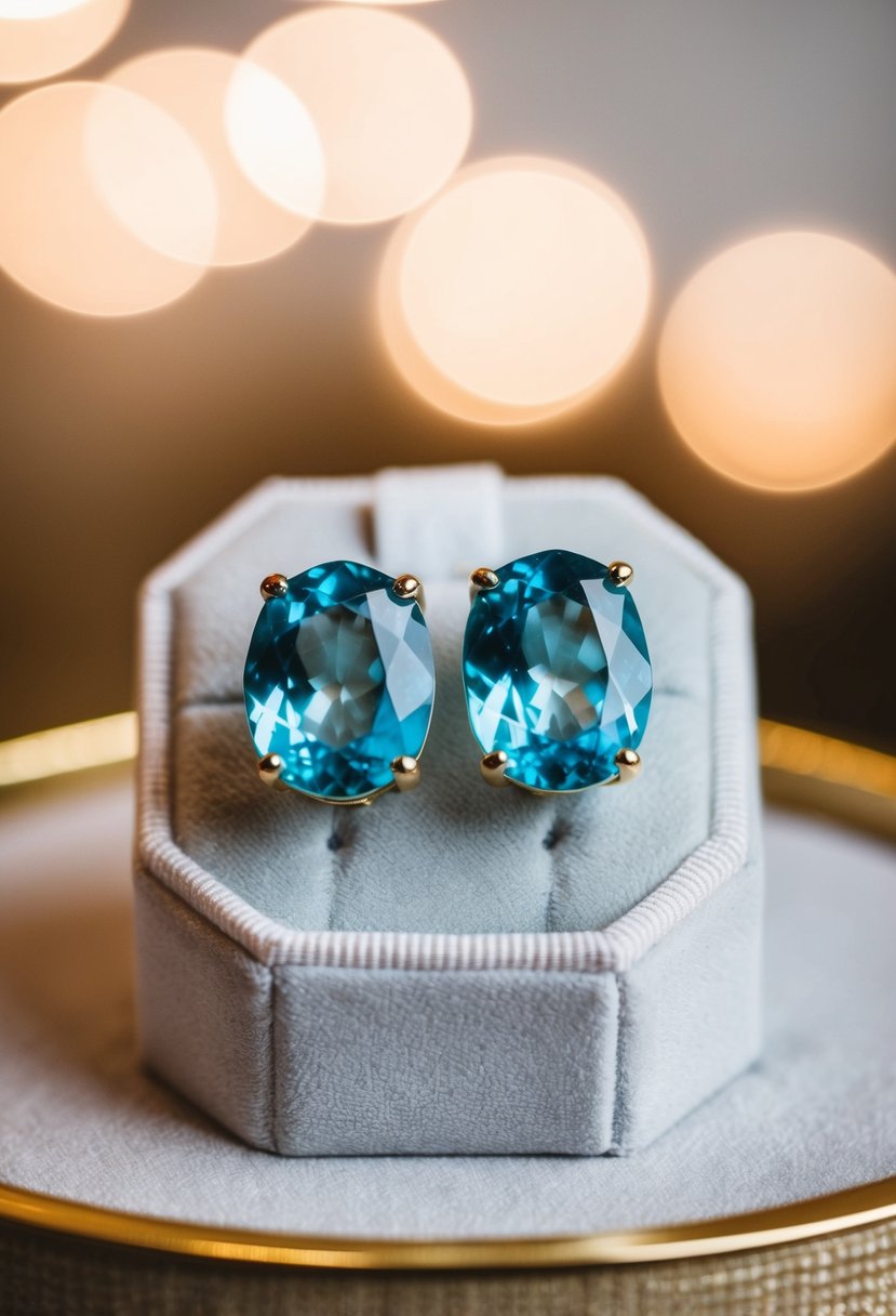 A pair of aquamarine earrings displayed on a velvet cushion with soft lighting