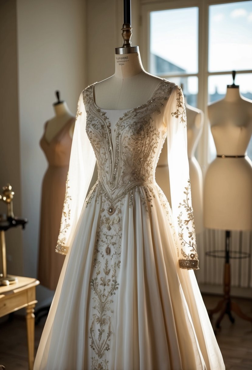 An elegant long-sleeved gown with intricate embroidery hangs on a vintage-style mannequin in a sunlit atelier