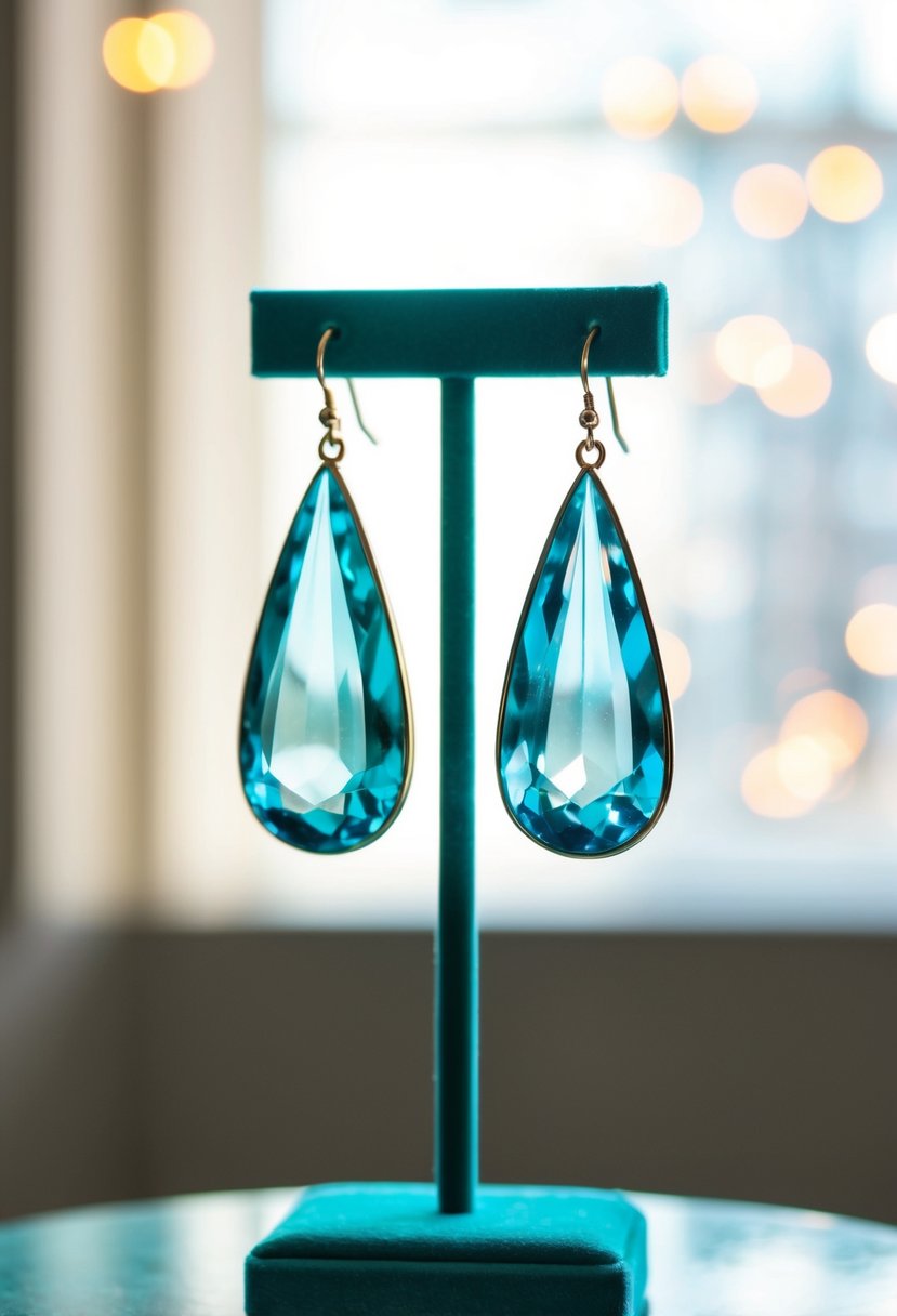 Two aquamarine teardrop earrings displayed on a velvet jewelry stand with soft lighting