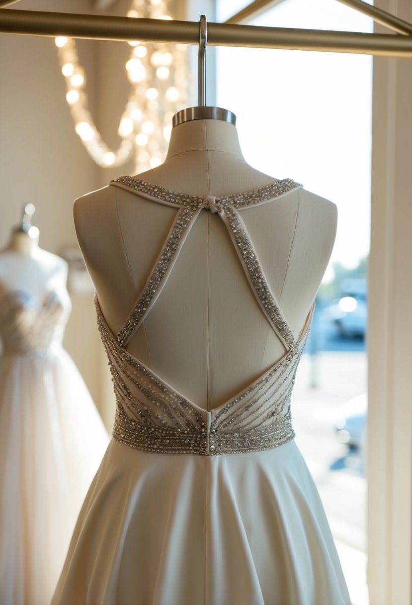 A chic open-back dress with beaded accents hangs on a mannequin in a sunlit bridal boutique