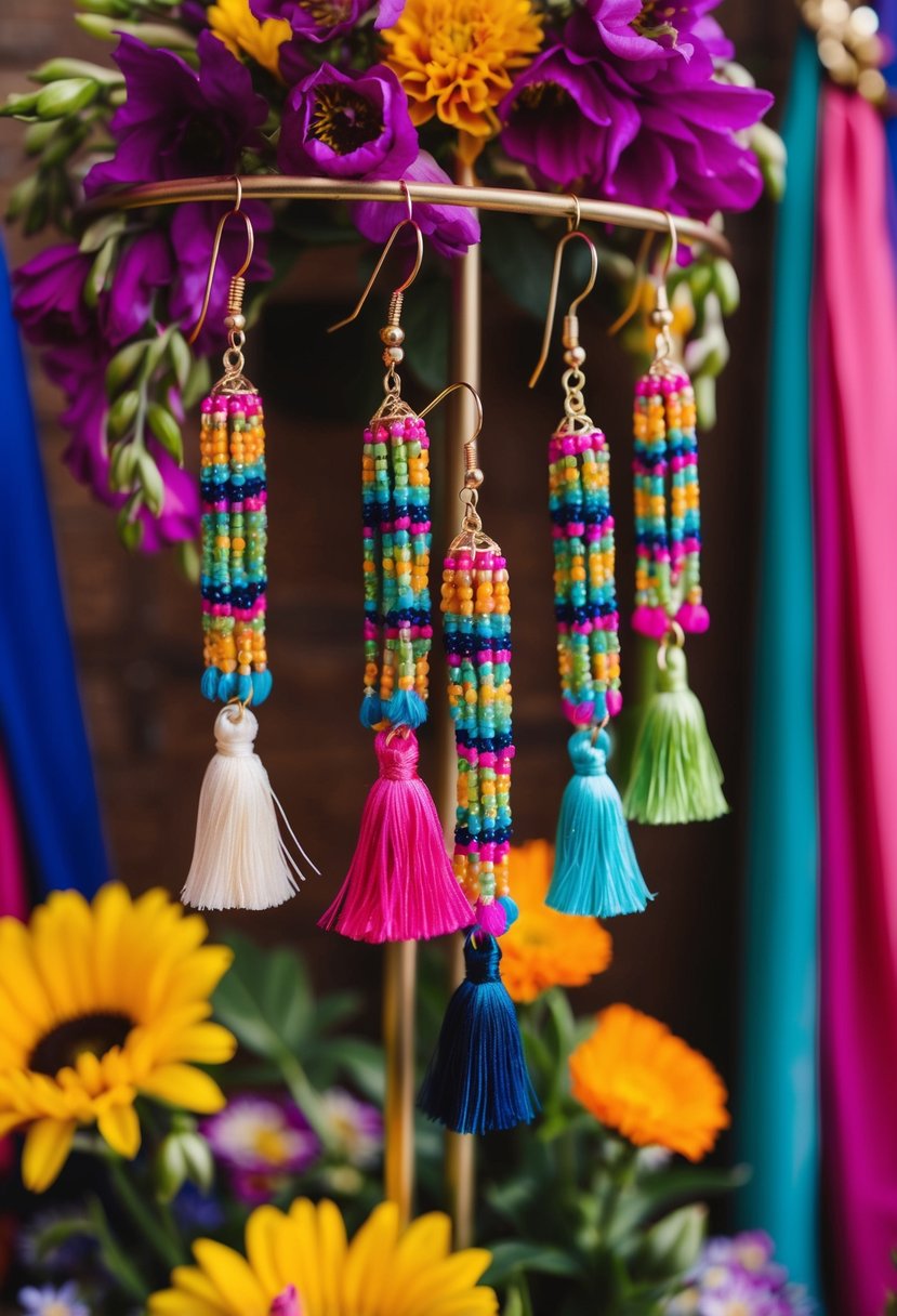 Colorful tassel earrings hanging from a bohemian-style display, surrounded by vibrant flowers and draped fabric