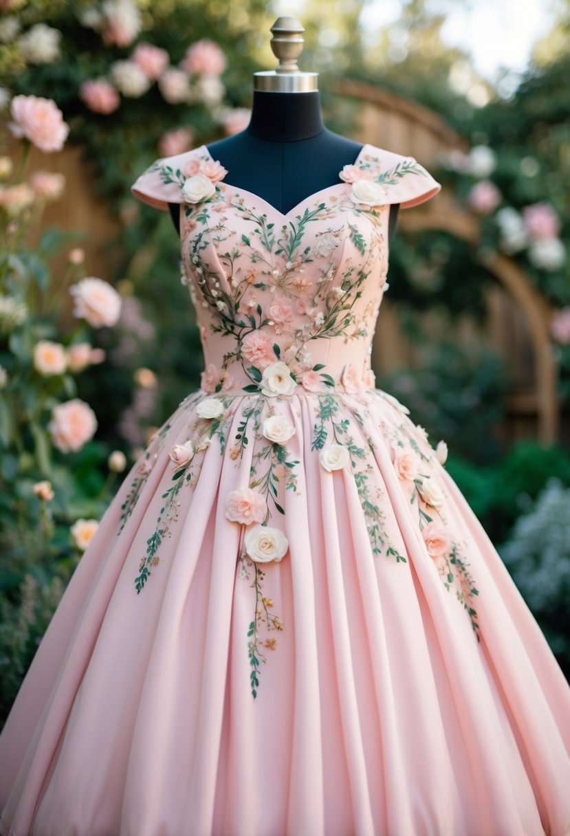 A fairytale blush pink dress adorned with delicate floral touches, set against a whimsical garden backdrop