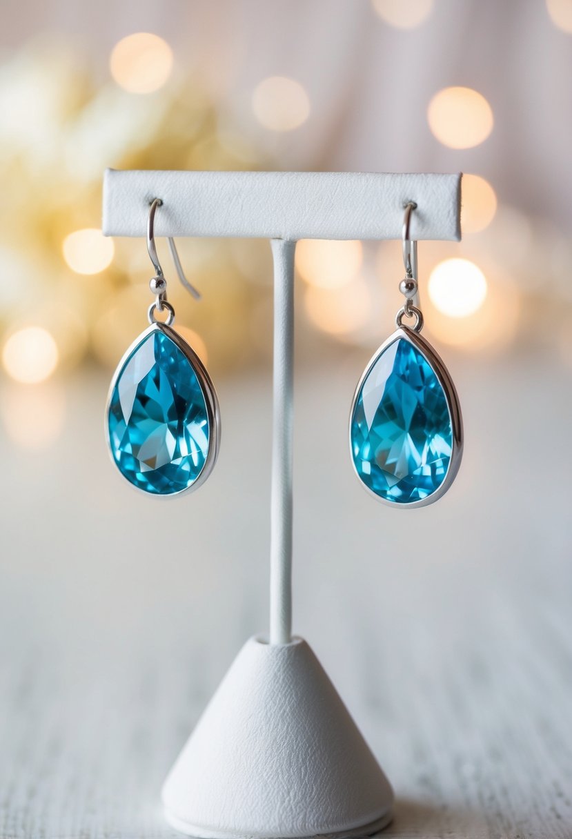 Two aquamarine dangle earrings on a white display stand with a soft, romantic background setting