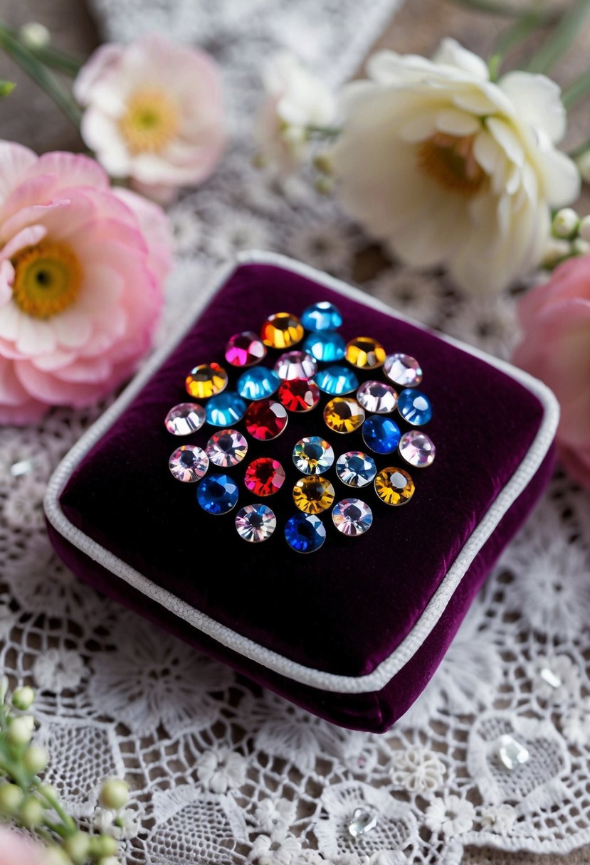 Colorful Swarovski crystal studs arranged on a velvet cushion, surrounded by delicate floral and lace details