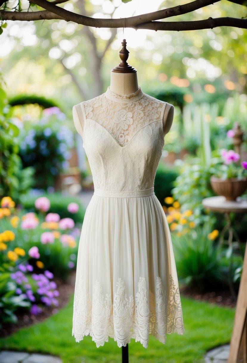 A vintage-inspired lace dress with a high neckline hangs on a mannequin in a whimsical garden setting