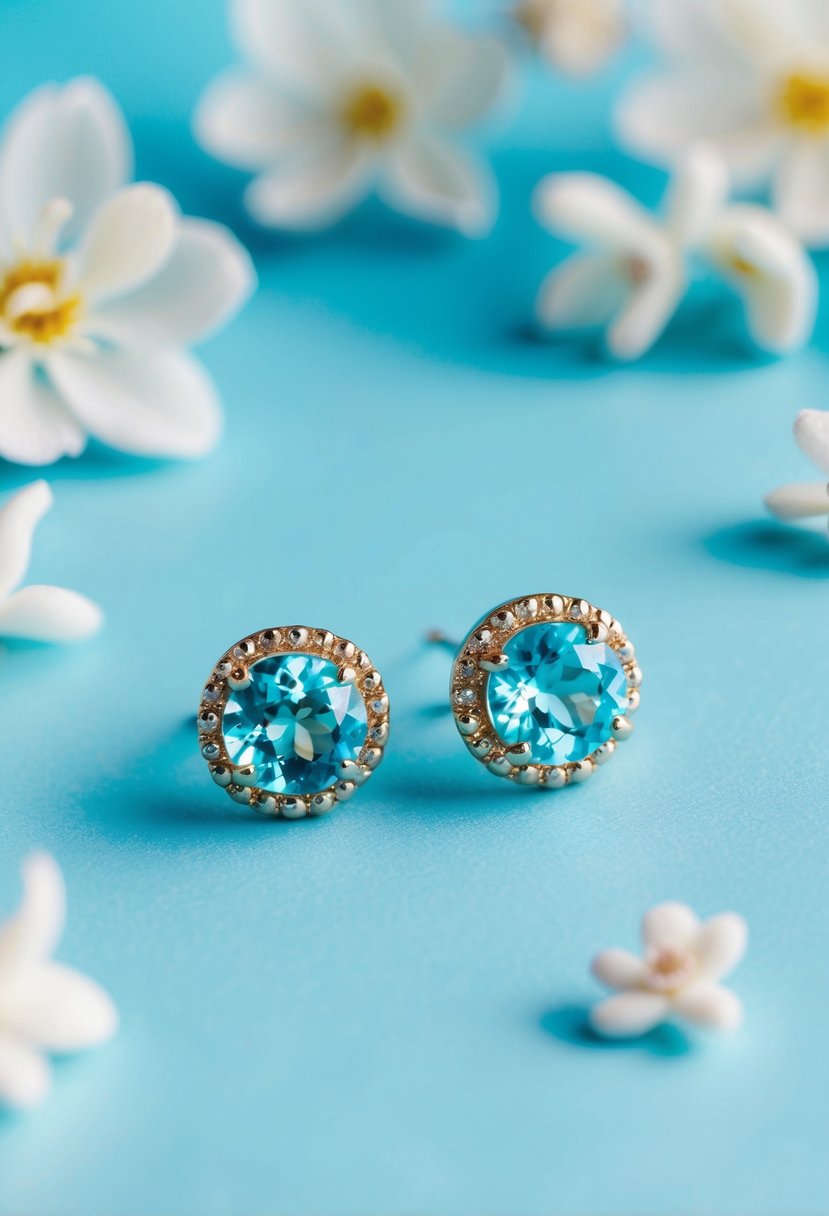 Two aquamarine halo studs against a soft blue background, surrounded by delicate floral and ocean-inspired motifs