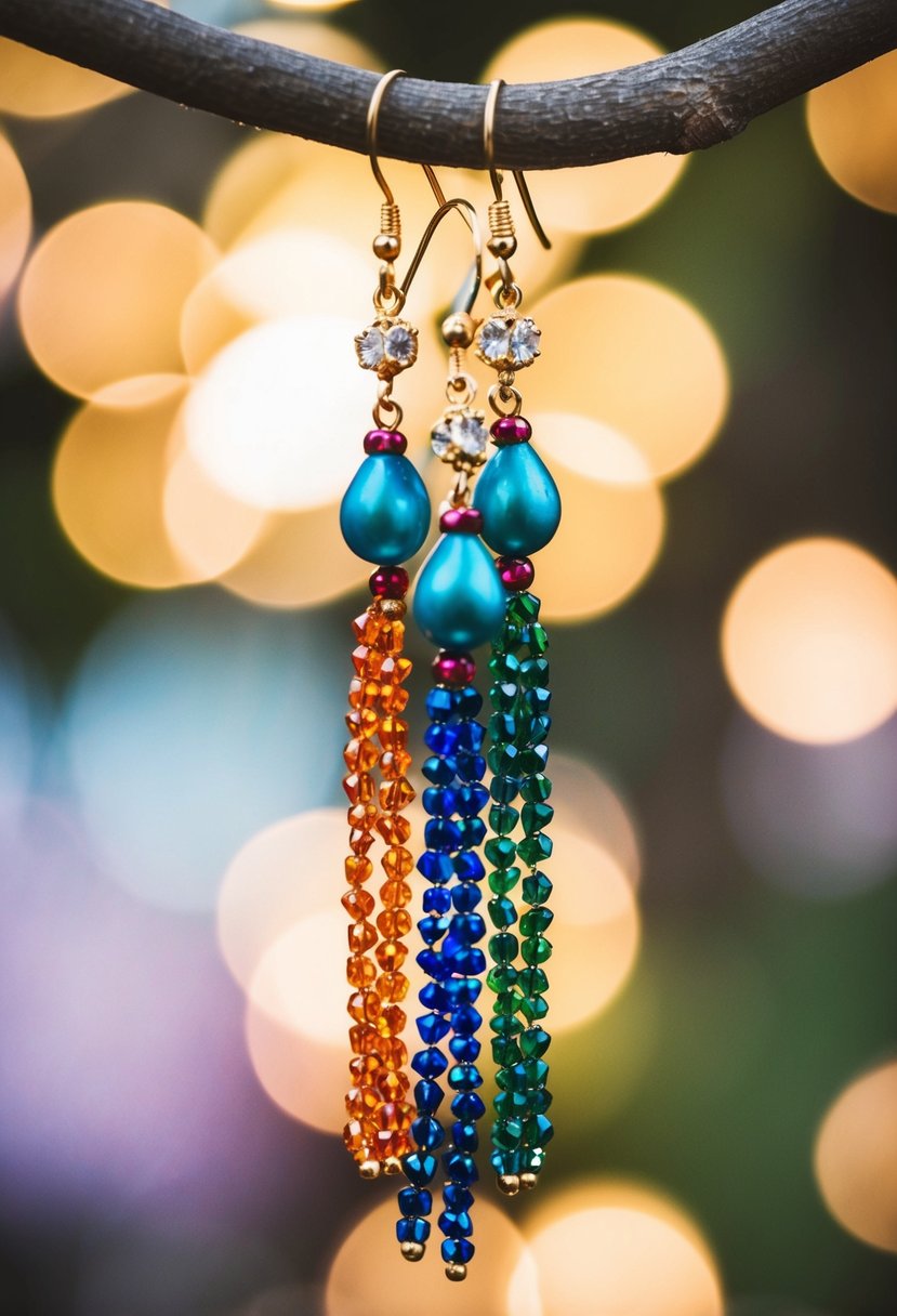 Colorful beaded tassels dangle from ornate wedding earrings