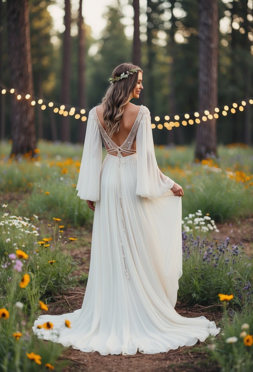 A flowing, bohemian-style wedding dress with billowing sleeves, set in a whimsical forest clearing with wildflowers and twinkling fairy lights