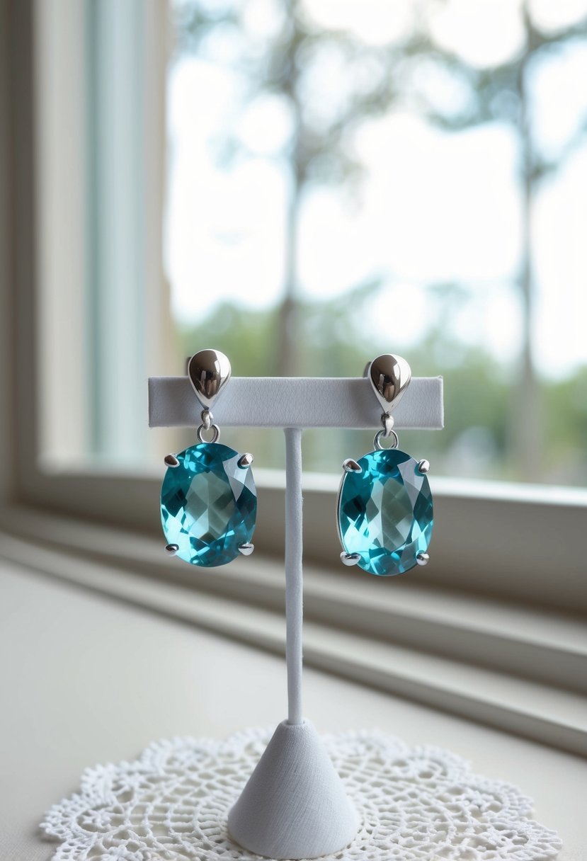 A pair of aquamarine leverback earrings displayed on a white lace doily with soft natural light streaming in from a nearby window