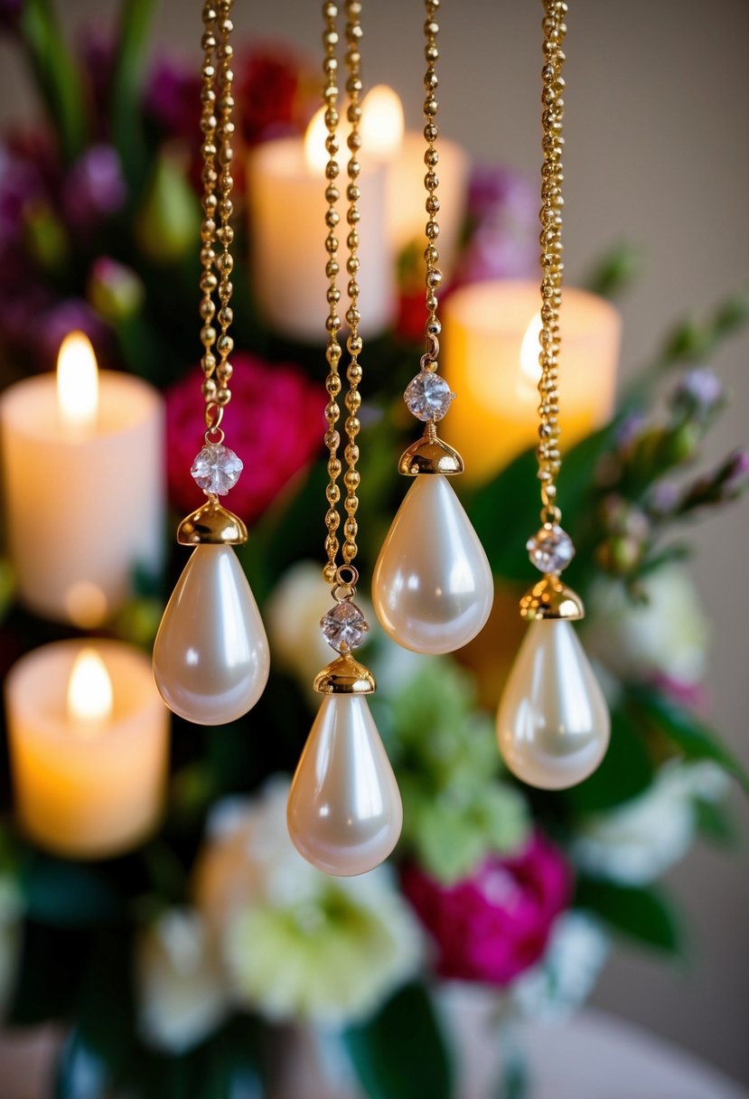 Golden mother of pearl drops shimmering against a backdrop of vibrant wedding flowers and soft candlelight