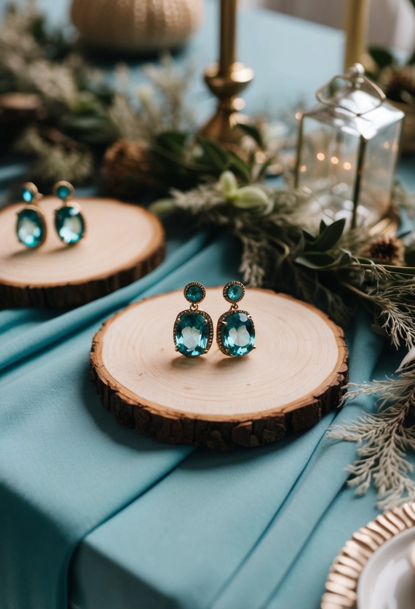 A table adorned with bohemian-inspired aquamarine earrings, surrounded by nature-inspired decor and soft, flowing fabrics