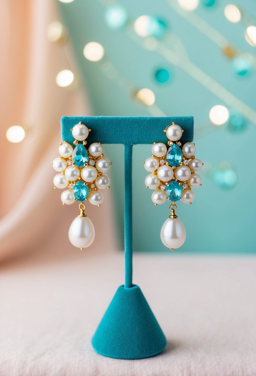 A pair of elegant cluster earrings featuring pearls and aquamarine stones, displayed on a velvet jewelry stand against a soft, pastel background