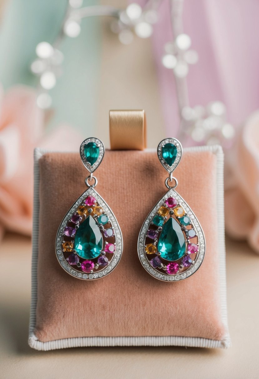 A pair of teardrop-shaped bridal earrings with colorful gemstones and delicate metalwork, displayed on a velvet cushion against a soft, pastel backdrop