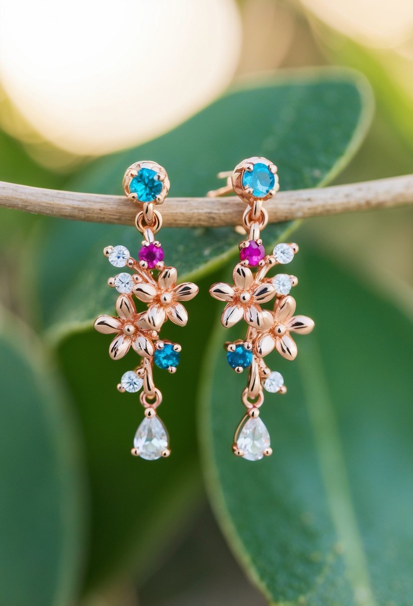 A delicate pair of rose gold floral drop earrings, adorned with colorful gemstones, shimmering under soft natural light