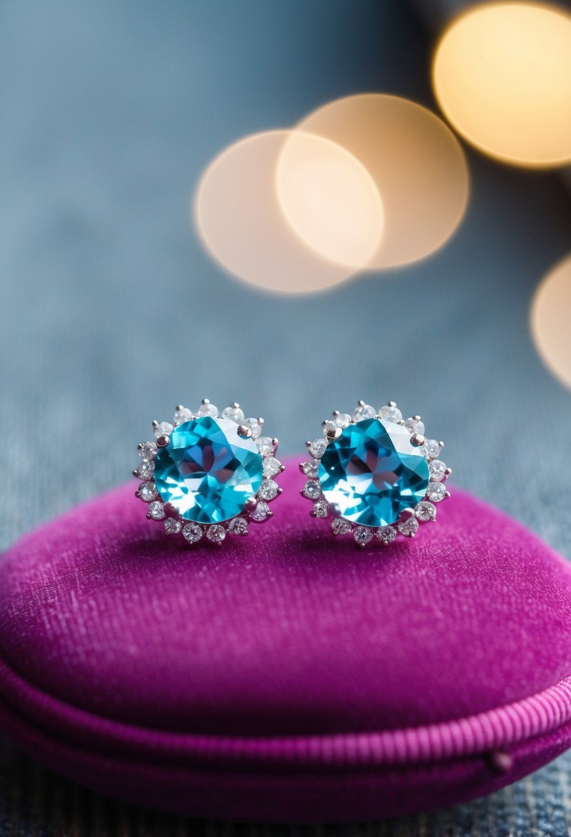 A sparkling pair of aquamarine and crystal studs resting on a velvet cushion