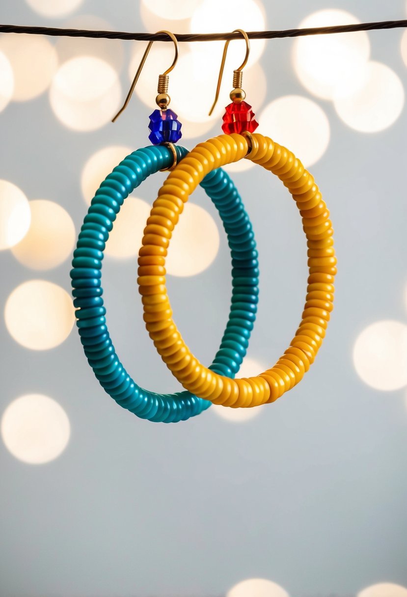 A pair of beaded hoops in vibrant colors, hanging against a white background