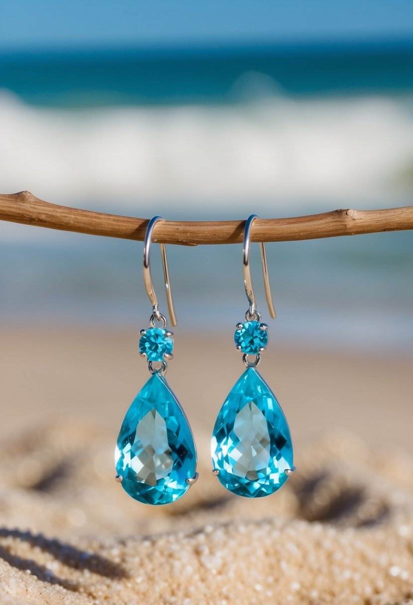 A pair of aquamarine drop earrings glistening in the sunlight on a sandy beach with gentle waves in the background