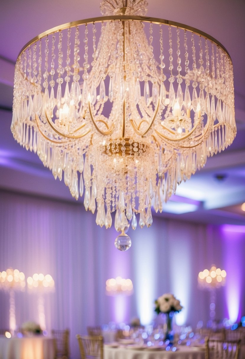 A sparkling chandelier adorned with pearls and crystals, casting colorful reflections on a wedding table