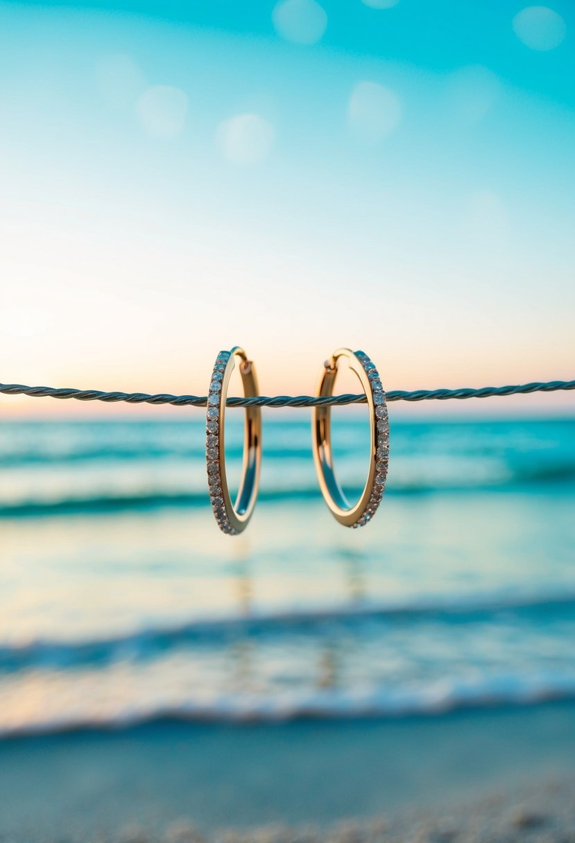 A serene beach at sunset, with gentle waves and a clear aquamarine sky. A pair of elegant hoop earrings glimmer in the soft light