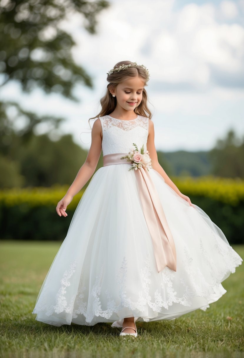 A 5-year-old girl twirls in a floor-length white dress with lace and tulle, adorned with delicate floral details and a satin sash