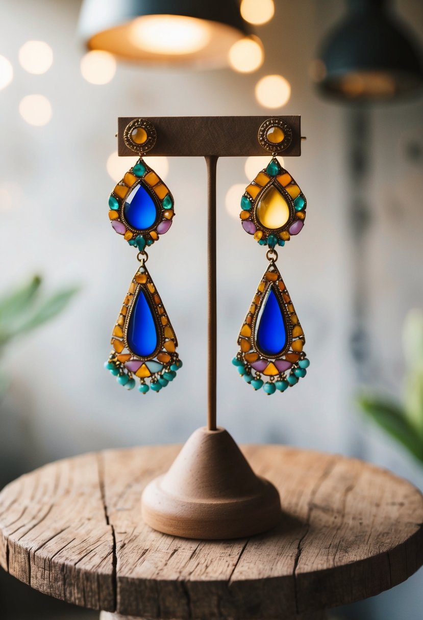 A vintage-inspired, colorful drop earrings display on a rustic wooden table with soft, diffused lighting