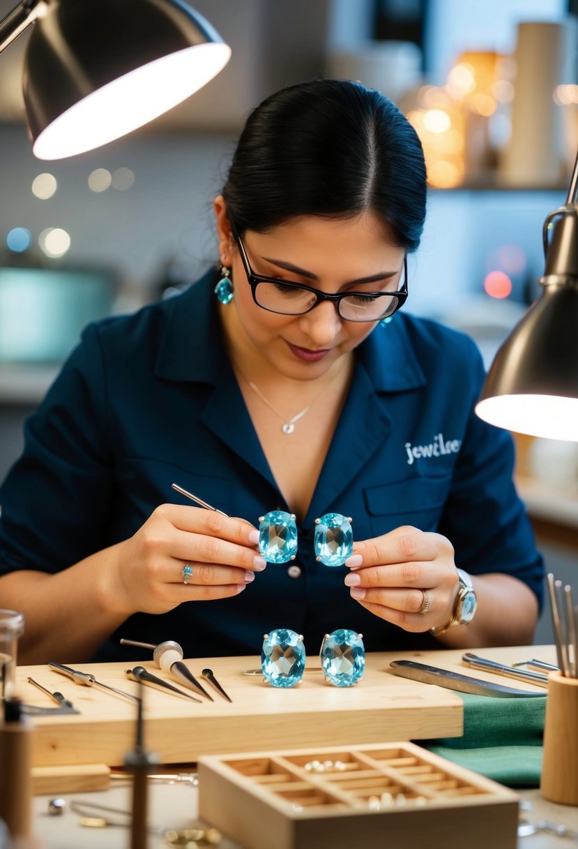 A jeweler carefully handcrafts aquamarine earrings, surrounded by delicate tools and sparkling gemstones