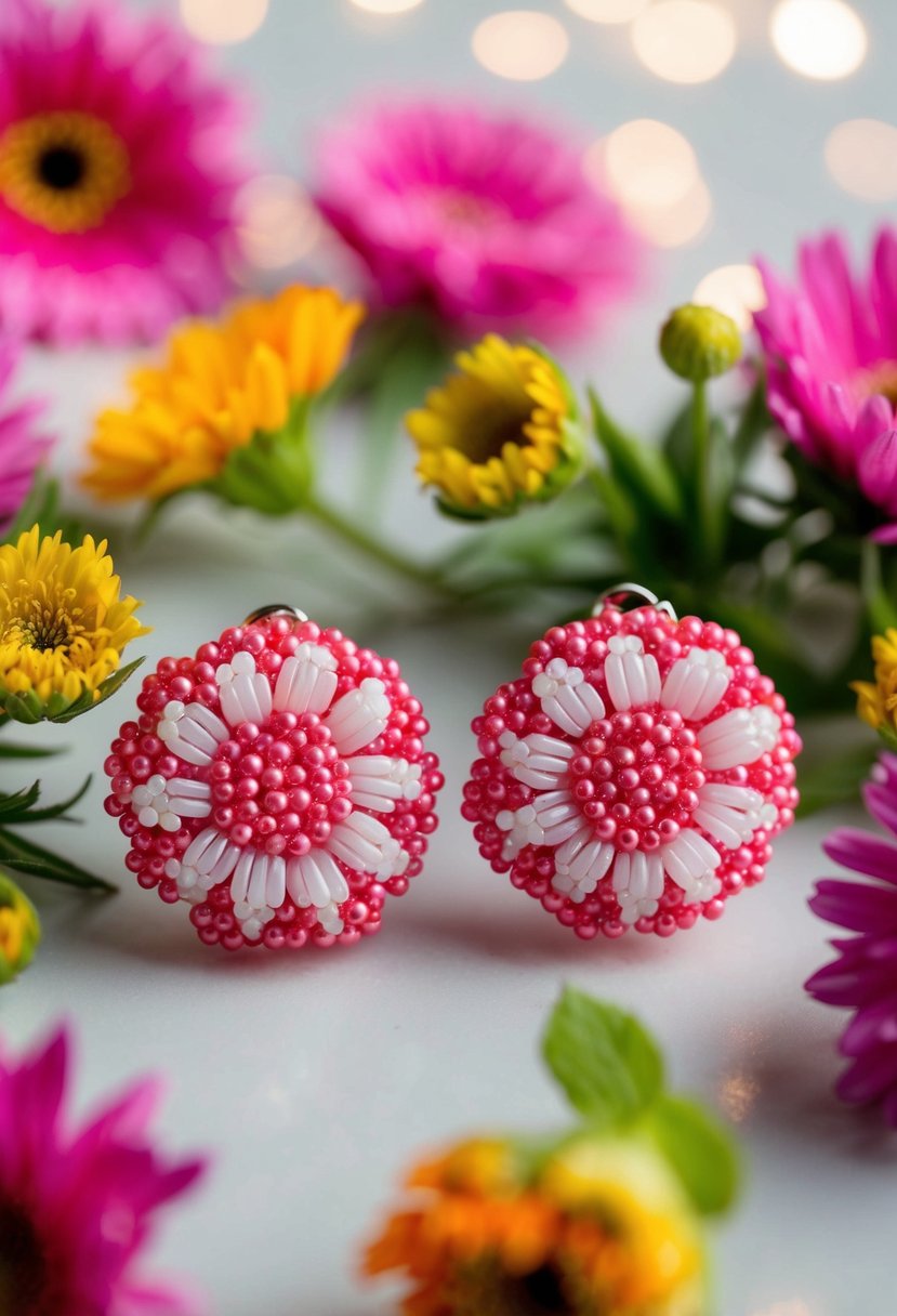 A pair of pink floral beaded earrings surrounded by vibrant, colorful flowers, set against a soft, dreamy background