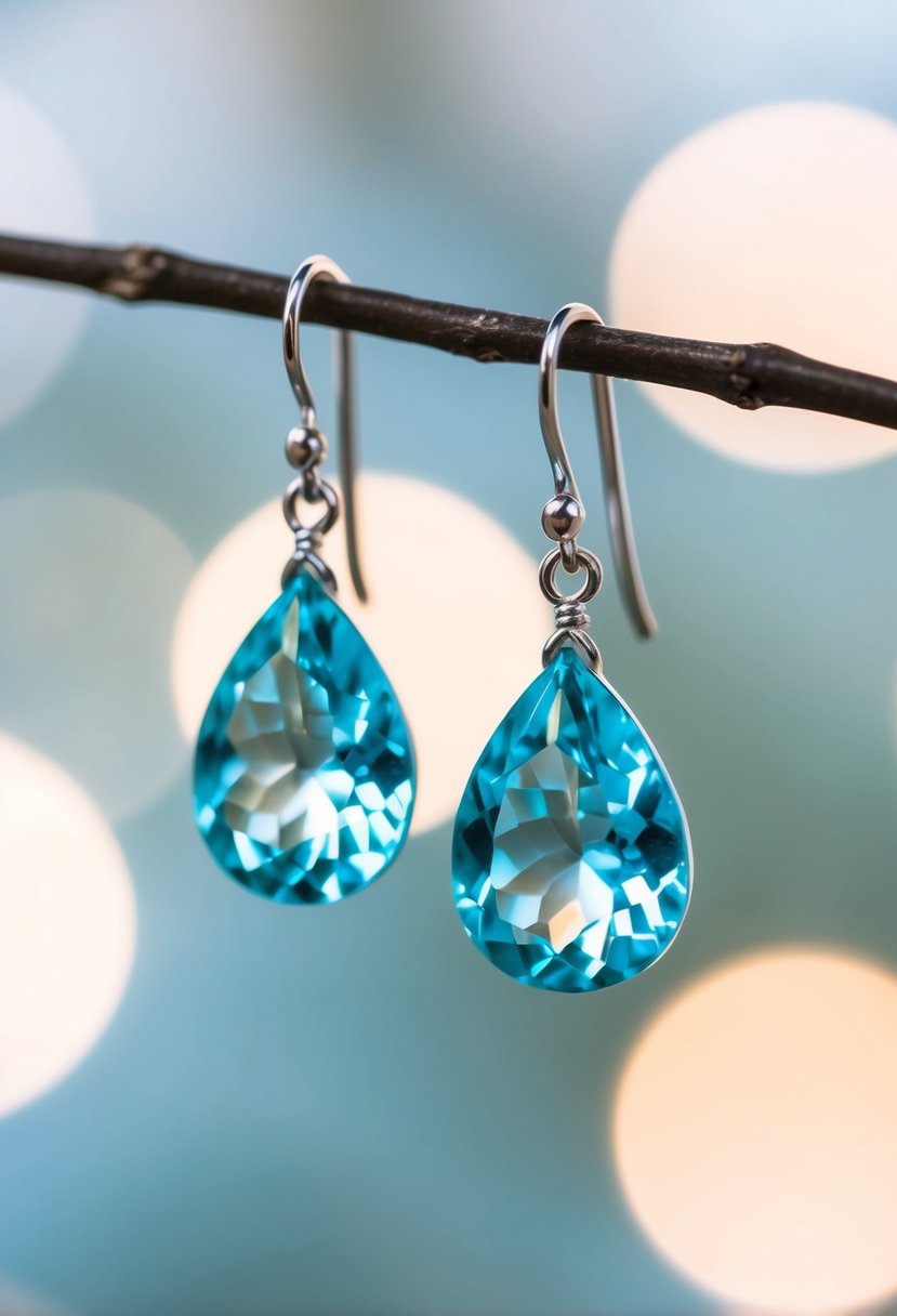 Two aquamarine teardrop earrings suspended from a delicate silver wire, catching the light and shimmering with a soft blue hue