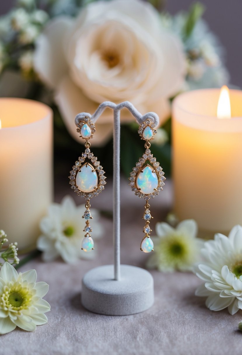 A sparkling display of opal and gold wedding earrings on a velvet backdrop, surrounded by delicate flowers and soft candlelight