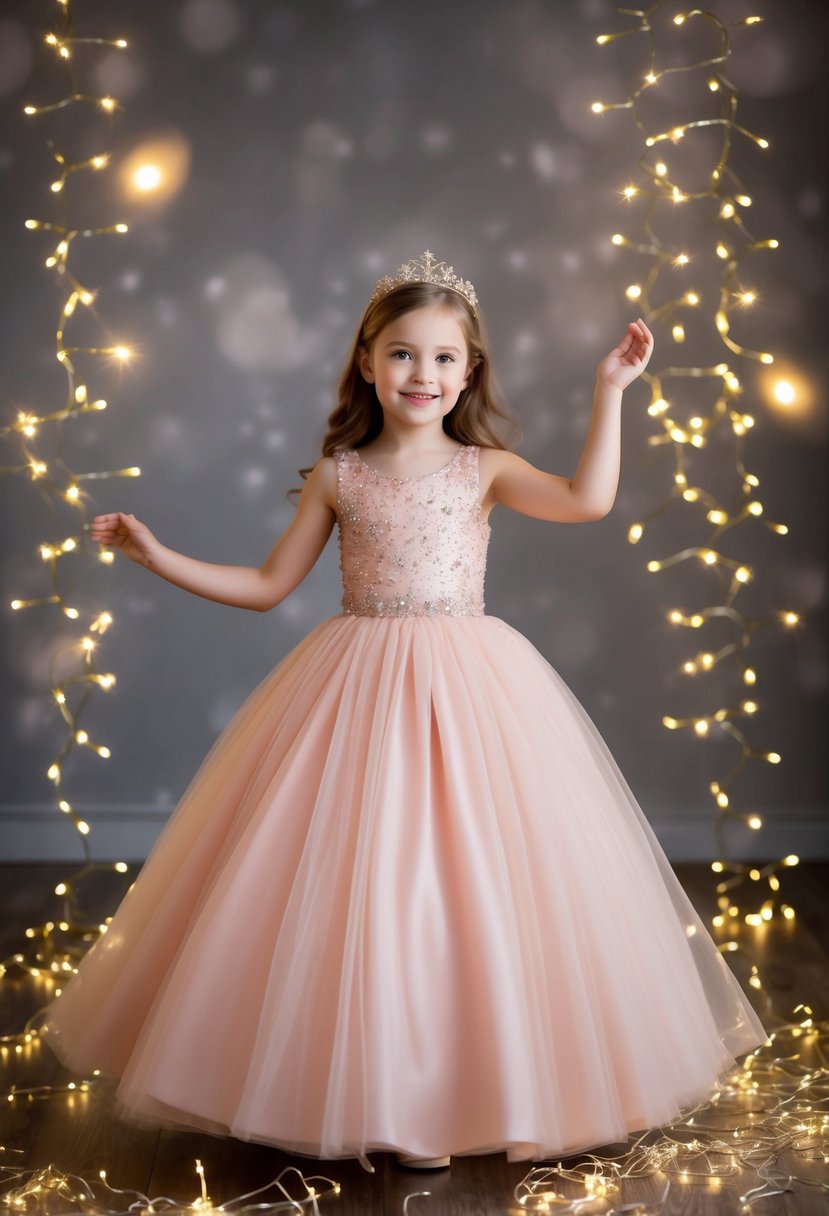 A 5-year-old girl twirls in a blush pink ballgown, surrounded by sparkles and fairy lights, creating a magical and enchanting atmosphere