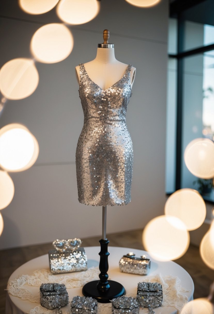 A sparkling sequin dress displayed on a mannequin, surrounded by glittering accessories and delicate lace details