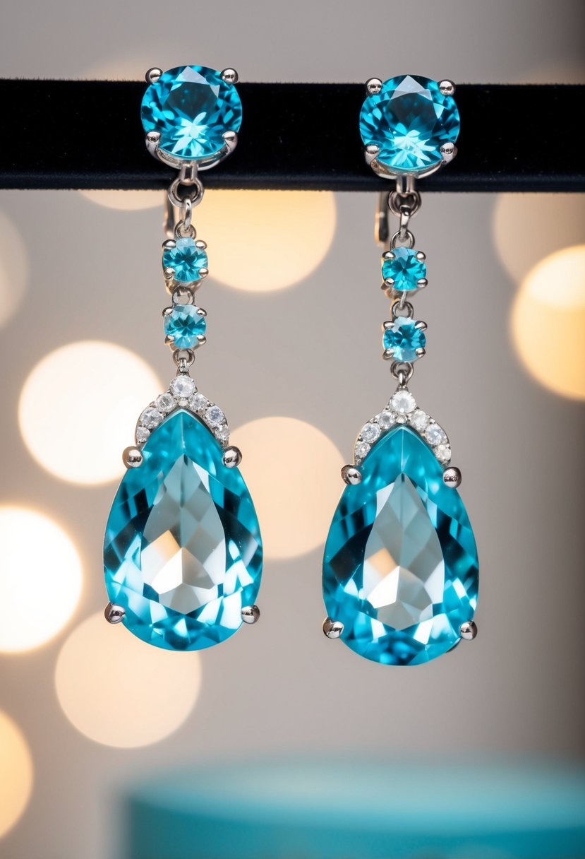 A pair of aquamarine chandelier earrings hanging from a display, catching the light and casting a beautiful shimmer