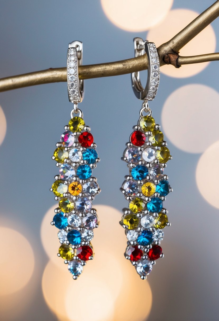 Shimmering silver earrings with colorful crystals arranged in a delicate and elegant design, catching the light and sparkling with every movement