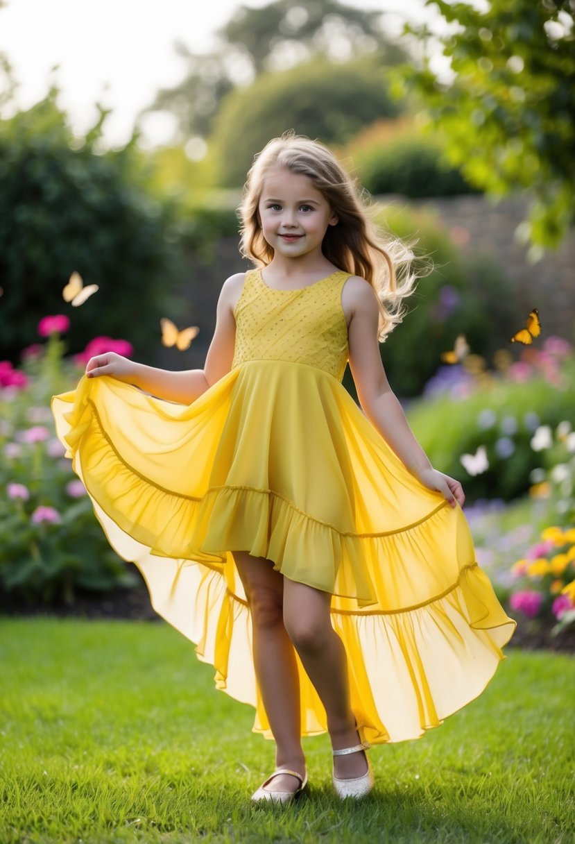 A young girl twirls in a flowing chiffon dress, the hem ruffled and high-low. She stands in a garden, surrounded by flowers and butterflies