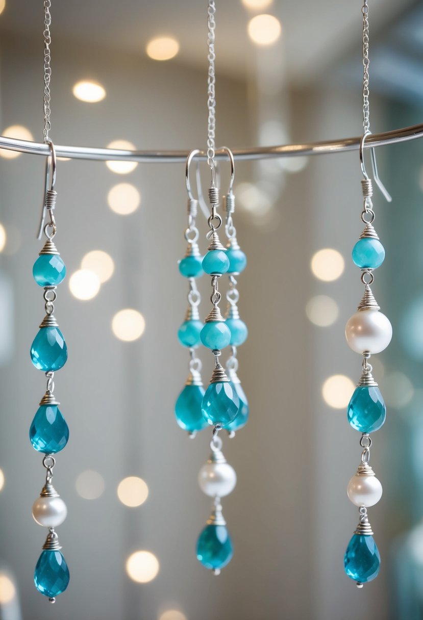 Aquamarine and pearl cascading earrings hanging from a delicate display, catching the light with a soft, ethereal glow