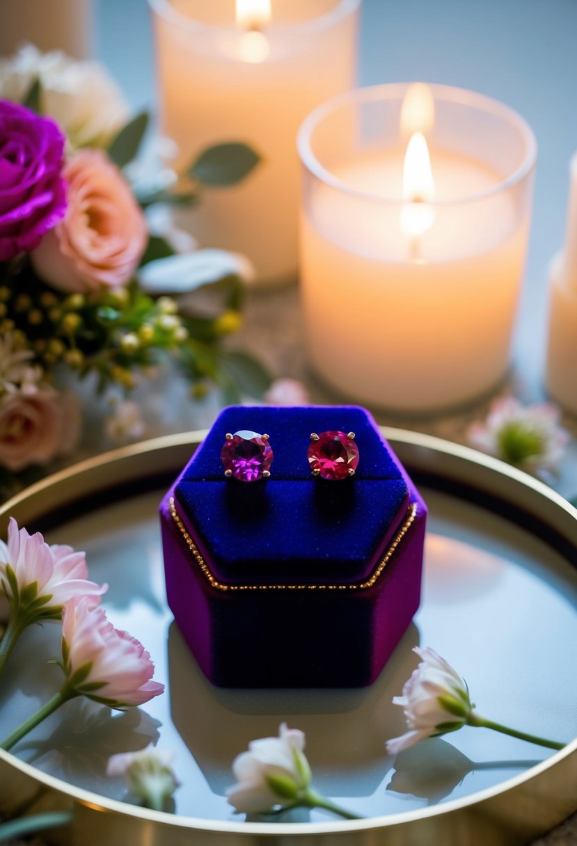 A pair of vibrant gemstone studs sparkle on a velvet jewelry display, surrounded by delicate floral arrangements and soft candlelight