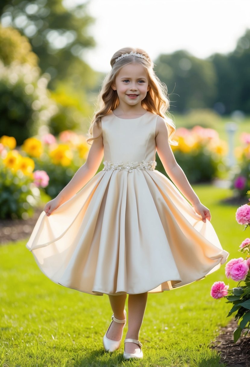 A five-year-old girl twirls in a champagne fit and flare flower girl dress, surrounded by blooming flowers and soft sunlight