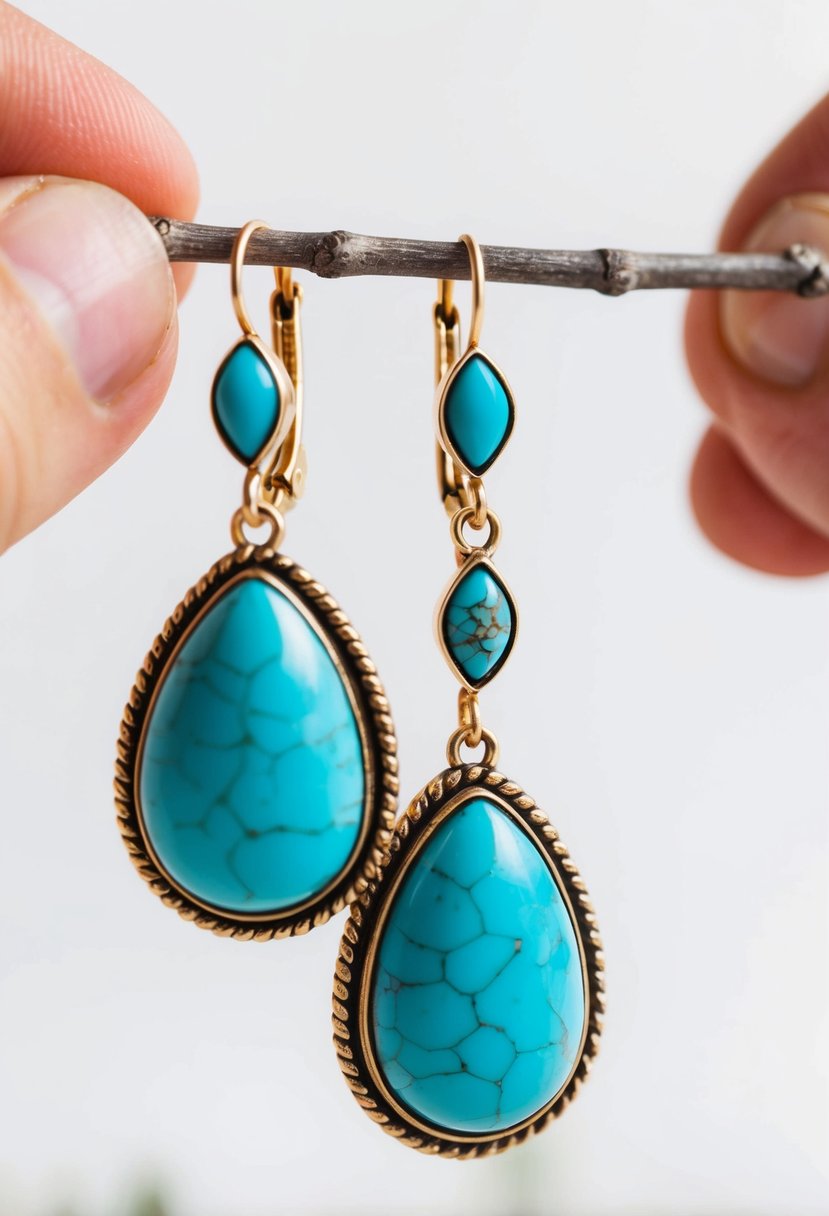 A close-up of vibrant turquoise dangle earrings against a white background