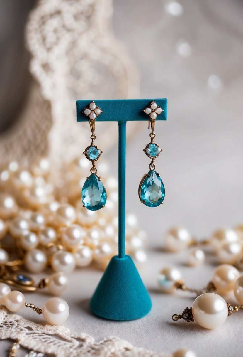 A vintage-style aquamarine earrings displayed on a velvet jewelry stand, surrounded by delicate lace and antique pearls