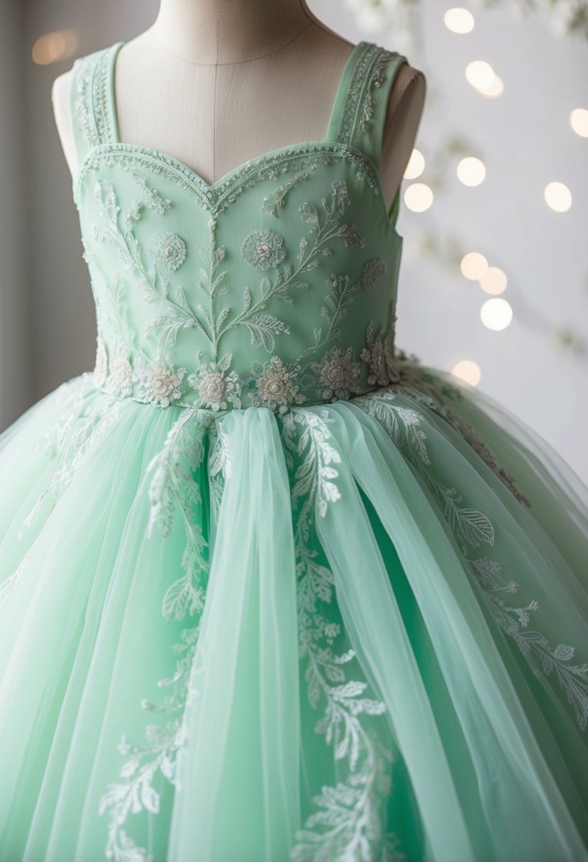 A delicate mint green tulle dress, adorned with intricate embroidery and delicate details, perfect for a young flower girl at a wedding