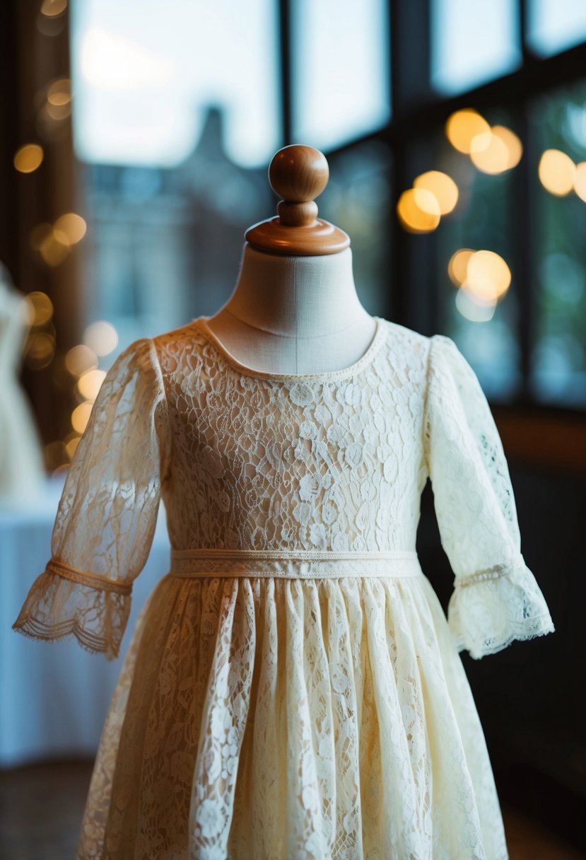 A vintage lace dress with flutter sleeves on a child mannequin