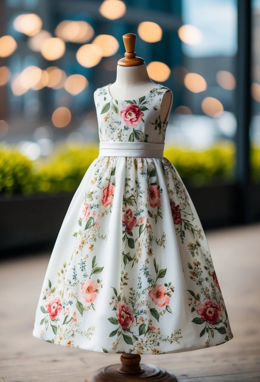 A delicate floral print spring wedding dress displayed on a child-sized mannequin