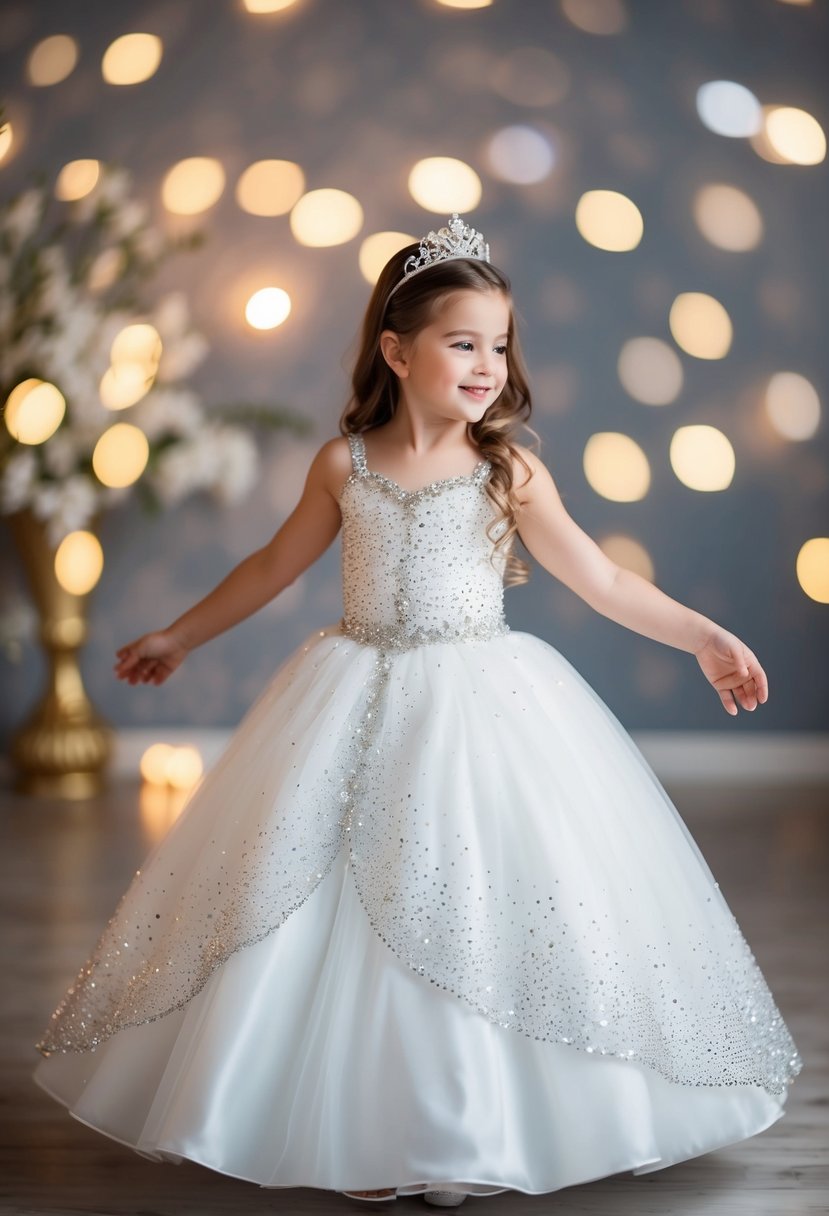 A 5-year-old girl twirls in a princess ballgown adorned with sparkling rhinestones, imagining herself as a beautiful bride