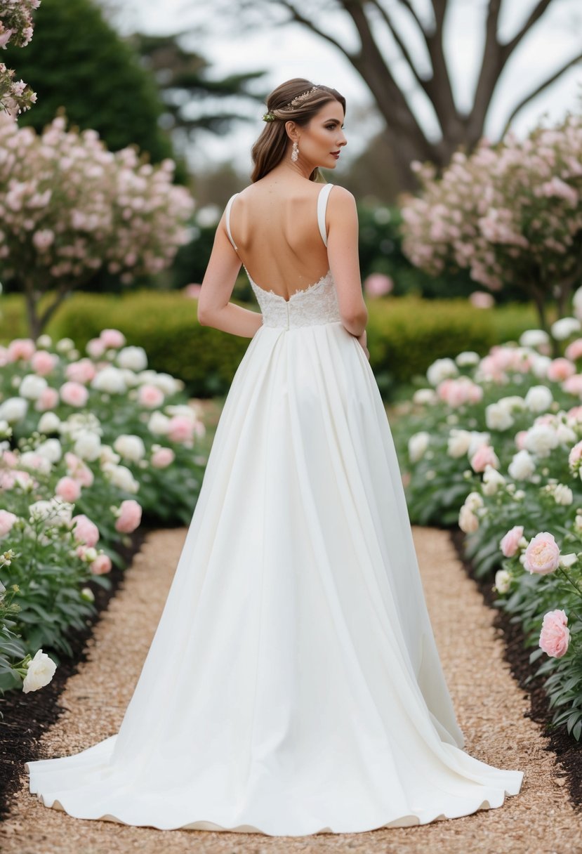 A bride in a drop waist wedding dress, surrounded by blooming flowers in a garden