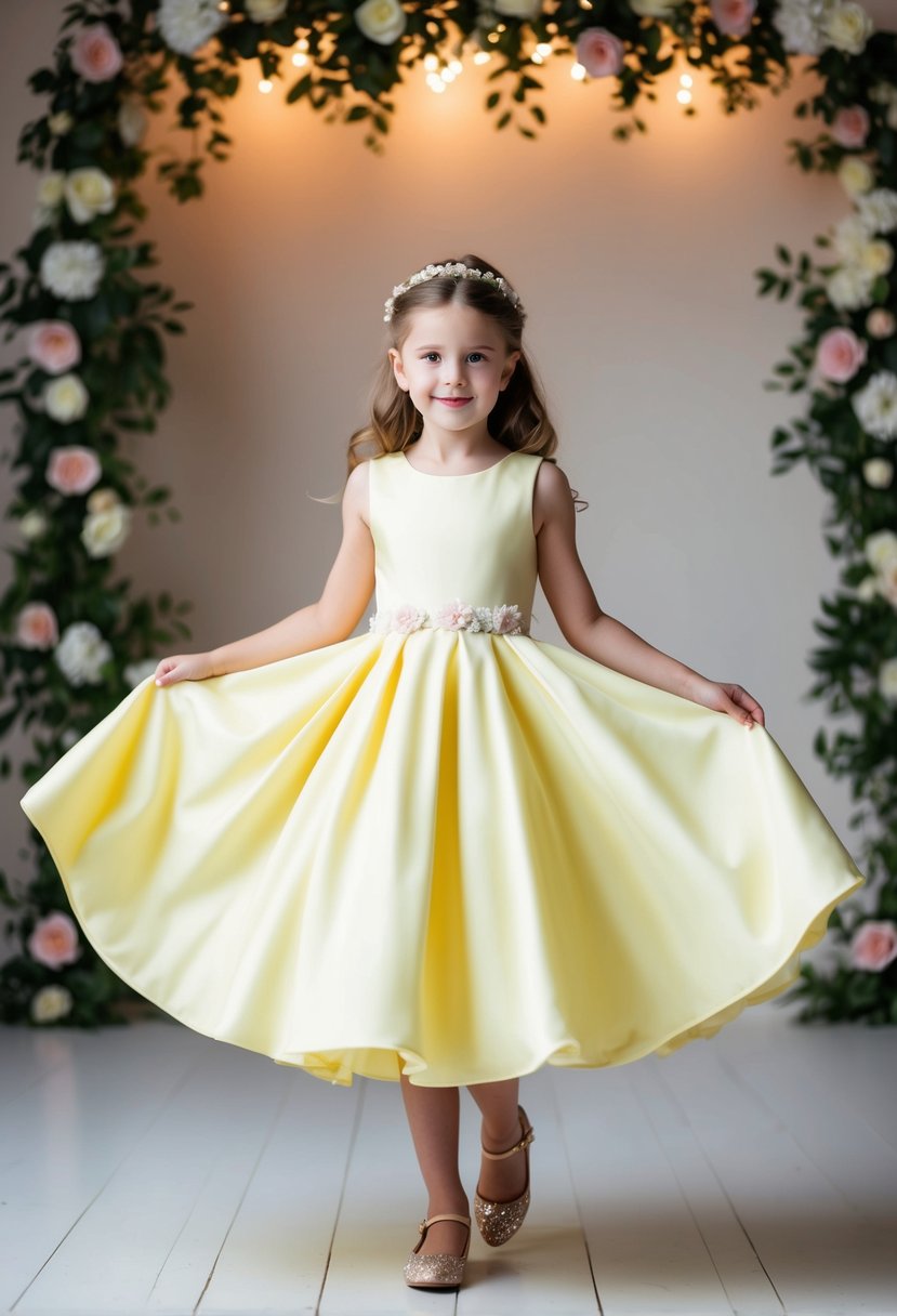 A 5-year-old girl twirls in a pastel yellow A-line dress, surrounded by floral decorations and soft lighting